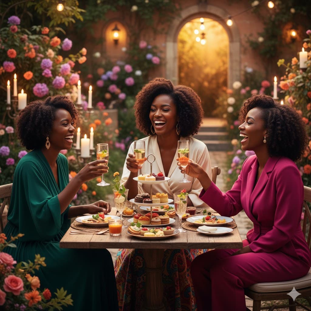 Women laughing together over champagne at a Champagne & Conversations event